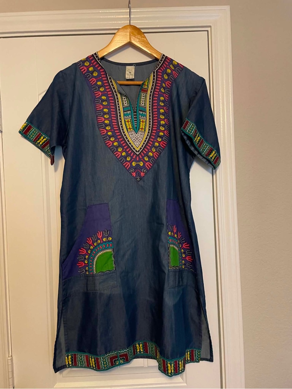 Marine Imports  Navy Short-Sleeve  Dress with Multicolor Embroidery 100% cotton